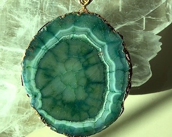 Chunky Green Agate Geode Pendant: 24K Gold Electroplated