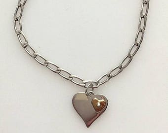Sterling Silver Link Bracelet With Sterling Silver Double Heart Charm - Silver and Bronze Heart