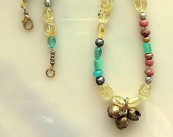 Pastel Gemstone Necklace - Sundance Style - Citrine, Turquoise, Rhodochrosite, Freshwater Pearls, Apatite and Brass Kuchi Bells