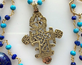 Very Long Lapis and Turquoise Rosary Chain With Artisan Reproduction of Gold Brass Coptic Cross