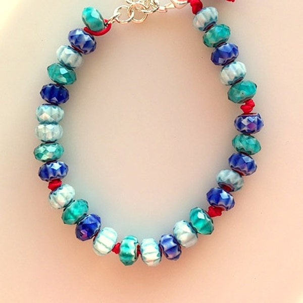 Boho Chic Turquoise Blue and Blue Tone Glass Beads on Red Cord Bracelet - Handmade Multiple Blues Glass Blown Beads Sundance Style Bracelet