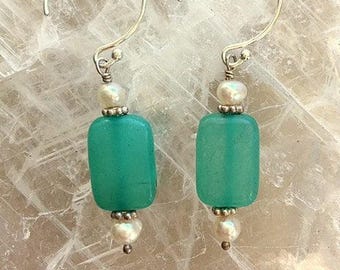 Chrysoprase/Chalcedony Turquoise Green Gemstone and Freshwater Pearl Earrings