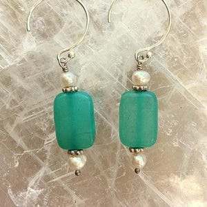 Chrysoprase/Chalcedony Turquoise Green Gemstone and Freshwater Pearl Earrings