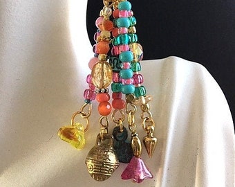 Colorful Boho Chic Gold Tone/Brass and Beaded Tassel Earrings - Colorful Beaded Tassel Style Earrings