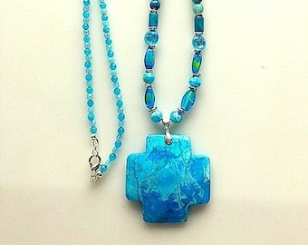 Large Blue Agate Square Cross Necklace - Long Cross Statement Necklace - Blue Crazy Lace Agate Cross Necklace