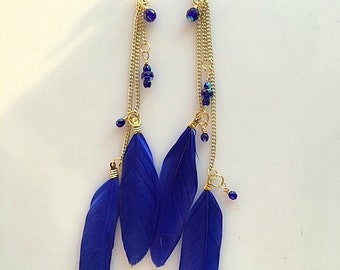 Long Feather Earrings: Gold Chain & Bead Dangles