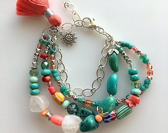 Colorful African Turquoise, Trade Beads, Quartz Crystal, Czech Glass Beads, Coral and Silver Multi Strand Bracelet - Colorful Boho Chic