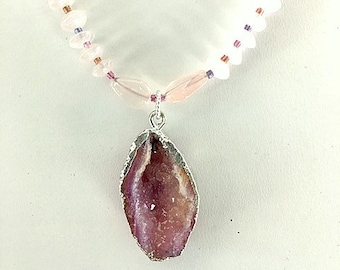 Rose Quartz Druzy Necklace: Sterling Silver, Pale Pink Gemstone