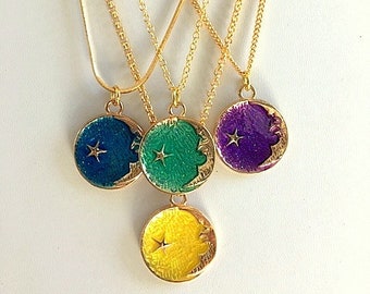 Collier à pendentif lune et étoile en émail - Chaîne en or rempli