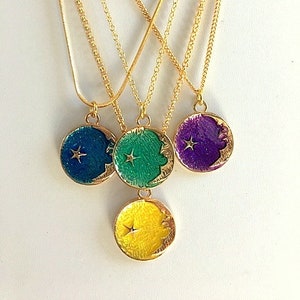 Enamel Moon and Star Pendant Necklace - Gold Filled Chain