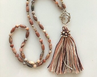 Brown and Tans Long Beaded Tassel Necklace - Boho Chic Crazy Lace Agate Mixed Browns Necklace