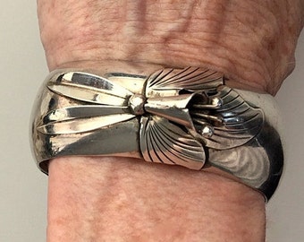 Vintage Sterling Silver Flower Cuff Bracelet - Carol Felley Art Deco Style Flower Signed