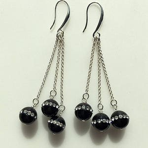 Long Black and Rhinestone Sterling Silver Earrings