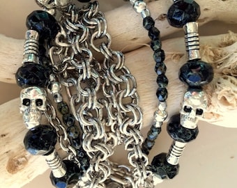 Silver Chains, Skulls, and Black Czech Beads Multi-strand Bracelet - Biker Bracelet - Goth Jewelry