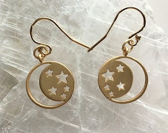 Matte Gold Moon and Star Earrings - Small Round Moon and Stars Matte Gold Earrings and Necklace Set - Sold Individually