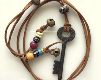 Long Leather Key Necklace With Beads