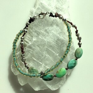 Chrysoprase, Silver and Waxed Cotton 2 Strand Bracelet - Hand Knotted Beaded Green Turquoise Color Gemstone Two Strand Bracelet