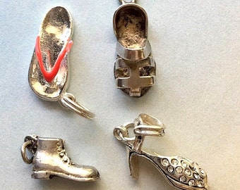 Vintage Sterling Silver Shoe and Sandal Charms - Rhinestone High Heel, Flip Flop, Birkenstock, Work Boot