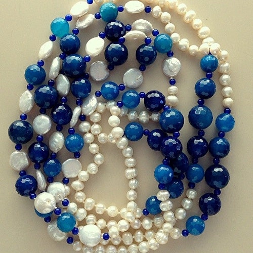 Statement Pearl and Gemstone Necklace - Very Long and Large shops Pearl Necklaces - Amethyst or Blue Sapphire Faceted Gemstones