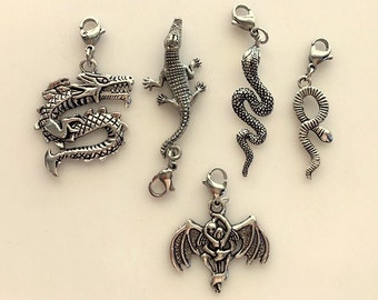 Zipper or Bag Pull - Reptile, Dragon, Snake, or Vampire - Tibetan Silver Zipper Tags or Charms or Necklace Pendant - Reptile Earrings