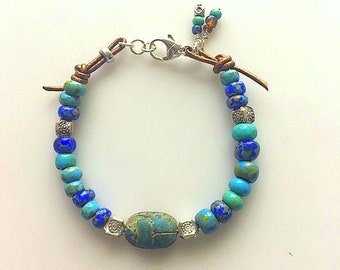 Blue Beaded Scarab Bracelet With Leather and Fine Sterling Hill Tribe Silver - Vintage Scarab Bead Bracelet