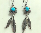 Vintage Boho Chic Turquoise and Sterling Feather Earrings - American Indian Turquoise and Sterling Feather Earrings - Artisan Made