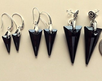 Swarovski Black Crystal Spike Earrings With Sterling Silver - Small, Medium and Large Spikes -Choice of ear wire or post