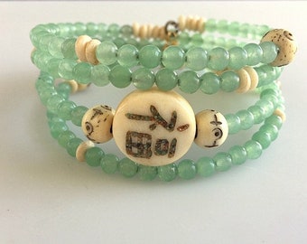 Spring Green Memory Wire Bracelet With Asian Inscription Beads