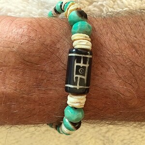 Chrysoprase, Shell and Hand Carved Wood Bracelet - Custom Made