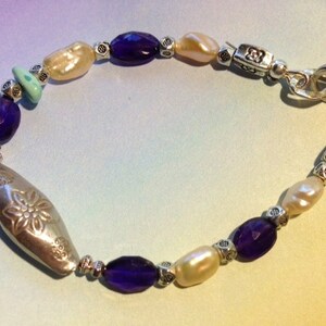 Amethyst and Pearl Bracelet with Vintage Karen Hill Tribe Silver Focal Bead