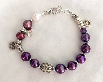 Purple Tahitian Pearl Bracelet With Karen Hill Tribe Beads - Genuine Tahitian Pearl Bracelet With Fine and Sterling Silver