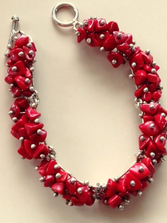 Natural Red Coral and Sterling Silver Bracelet  OO