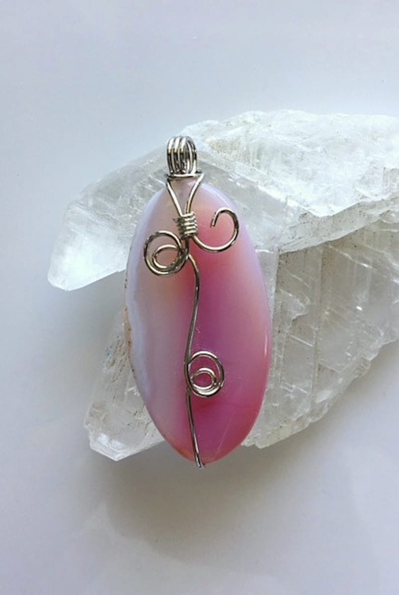 Pink and White Silver Wire Wrapped Agate Pendant image 1