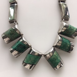 Vintage Signed Sterling Silver and Inlaid Stone Collar/Choker Necklace - Signed Taxco Mexican Silver and Stone Necklace