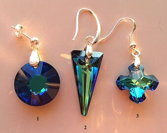 Boucles d'oreilles en cristal bleu des Bermudes de Swarovski : argent sterling, rond, pointu, croix