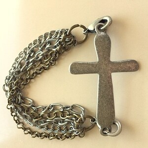 Pewter Cross and Mixed Metal Chains Bracelet With Double Clasps