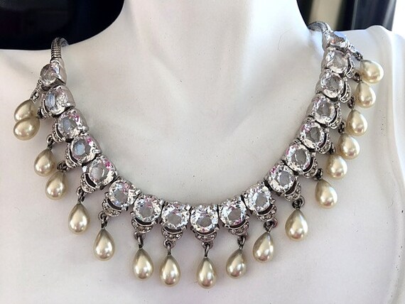 Vintage Large Rhinestone and Pearl Choker Necklac… - image 3
