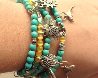 Girls Beaded Charm Bracelet: Turquoise, Coral, Czech Glass, Tibetan Silver