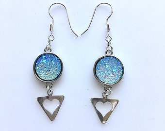 Blue Druzy Heart Earrings - Sterling Silver Hearts Motif Druzy Earrings