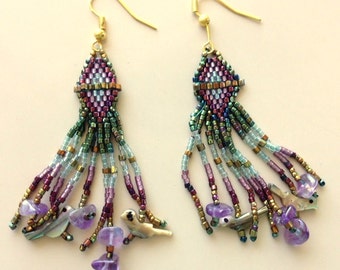 Vintage Seed Bead Earrings With Amethyst and Indian Bird Fetishes - Exquisite Drop and Dangle Ombre Earrings