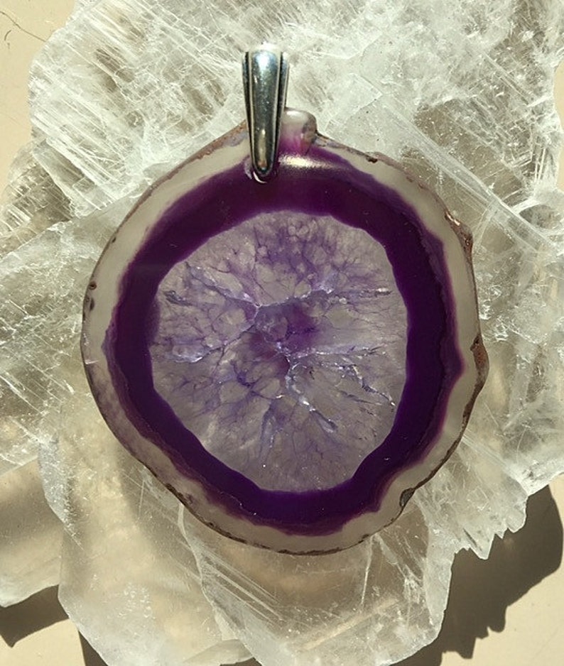 Crystal Druzy Agate Geode Slices Pendants/Necklace Purple/Lavender and Crystal White With Sterling Silver Chain image 5