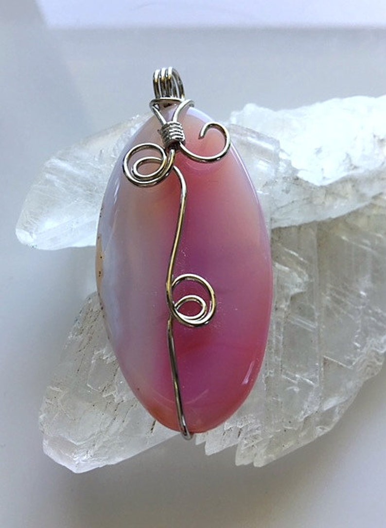 Pink and White Silver Wire Wrapped Agate Pendant image 5