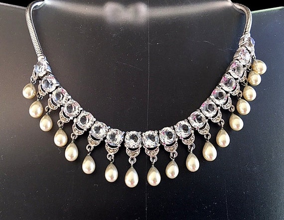 Vintage Large Rhinestone and Pearl Choker Necklac… - image 1