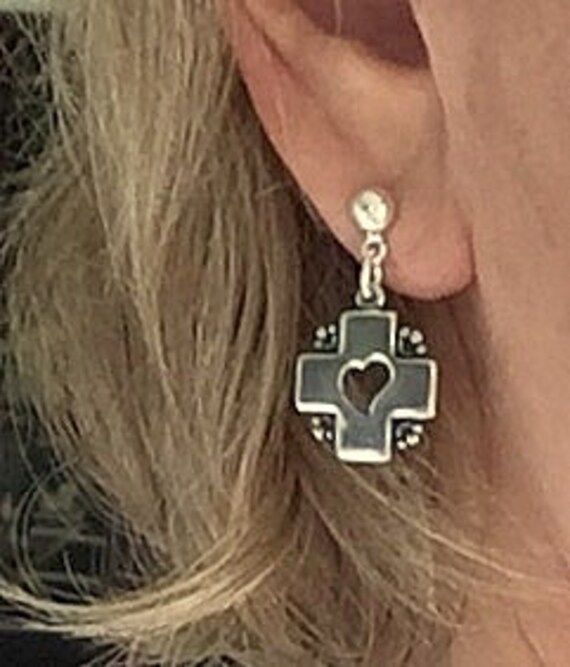 Heart with Cross Post Stud Dangle Earrings Sterling Silver Heart with Cross Post Stud Dangle Earrings Sterling Silver