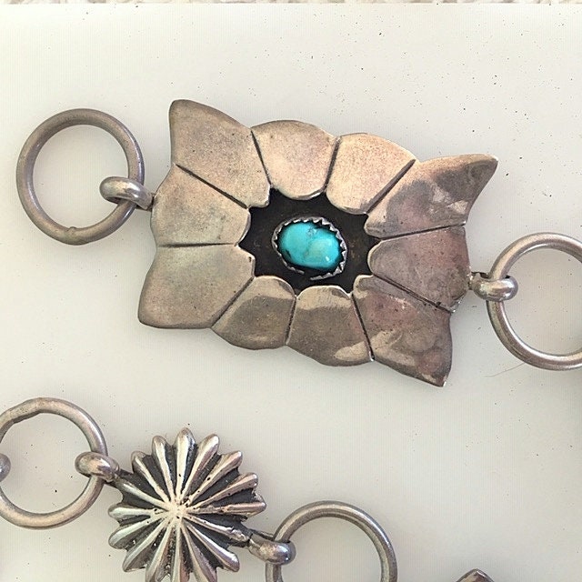 Vintage Sterling Silver and Turquoise Shadowbox Concho Belt
