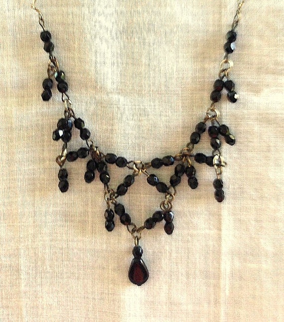 Vintage Black Jet Beaded and Brass Chain Delicate 