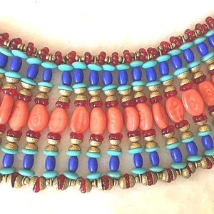 Miriam Haskell Egyptian Revival Collar – Larry Vrba Design, Coral Lapis Turquoise Bib, Signed Vintage Couture