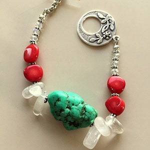 Turquoise, Red Coral, Quartz Crystal and Silver Bracelet