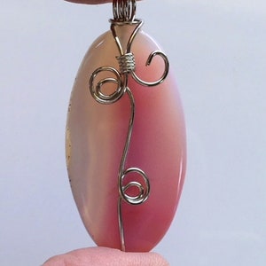 Pink and White Silver Wire Wrapped Agate Pendant image 2