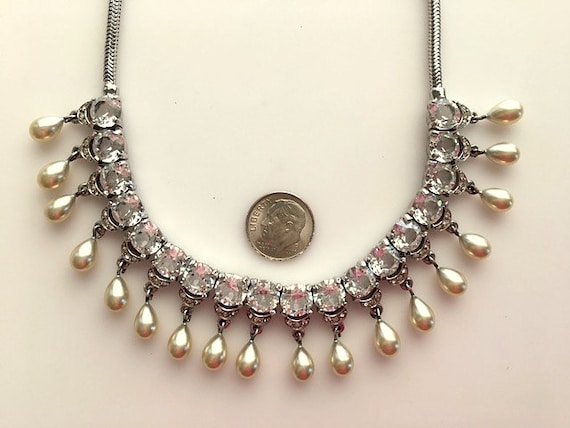 Vintage Large Rhinestone and Pearl Choker Necklac… - image 5